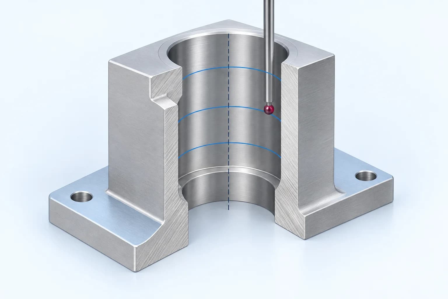 Cutaway bearing housing showing a vertical bore axis, three illustrative sampling sections at different depths, an internal shoulder and a ruby-tipped stylus reaching inside the bore.