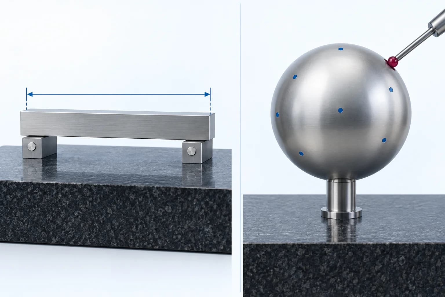 A reference length artifact on supports on the left, and a small ruby stylus contacting a large reference sphere on the right.