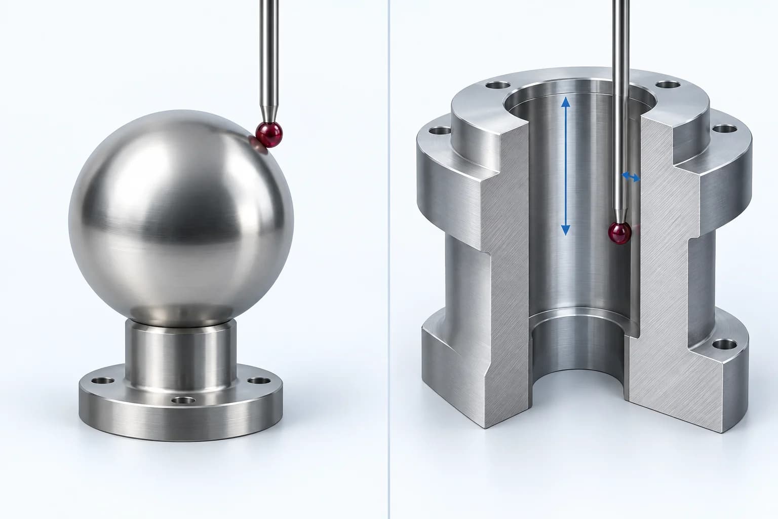 Two concept scenes: a ruby stylus contacting an exposed reference sphere, and a stylus reaching inside a cutaway bore with a shoulder and restricted clearance.