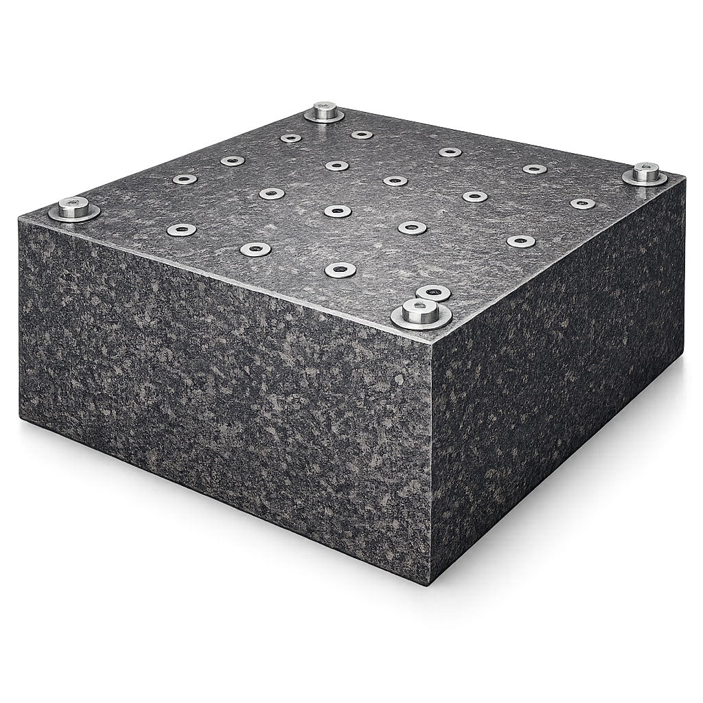 Granite foundation block with threaded fixture mounting points for large-part CMM planning