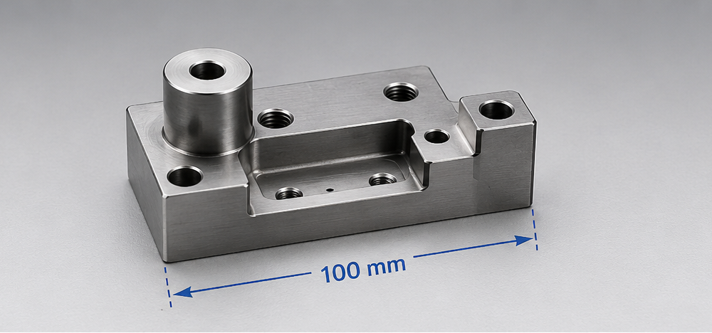 Small precision machined part with a 100 mm measured feature distance