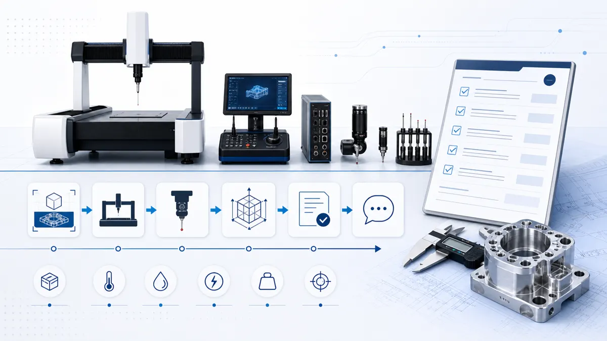 CMM machine, controller, probes, and machined part used for quote configuration